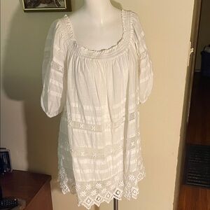 Free People Elegant White Lace Laser Eyelet Cut Trimmed Off Shoulder Boho Top